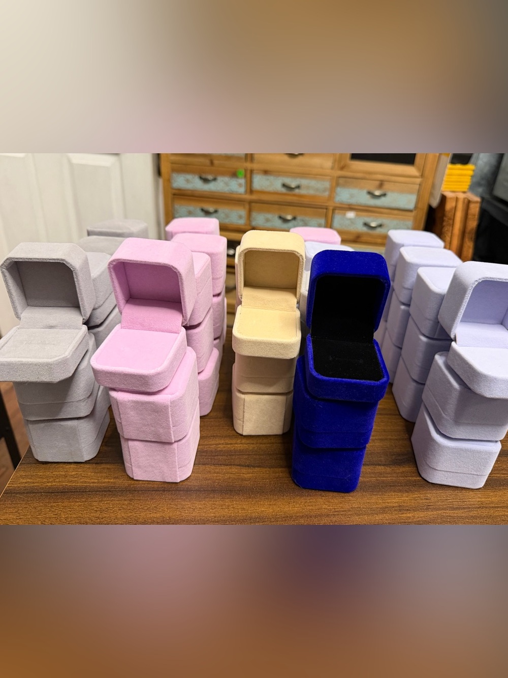 Velvet Ring Boxes 15PCS set in gray, pink or lavender.